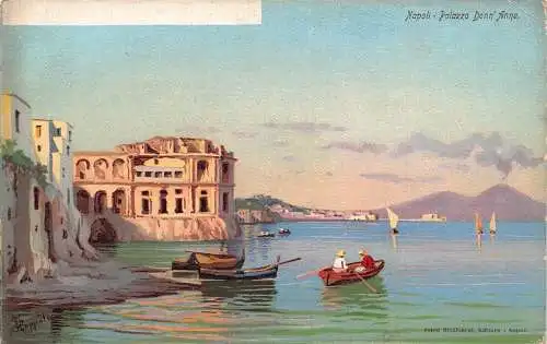 A015 Italien Napoli Neapel Palazzo Donn Anna Boote Vintage Postkarte