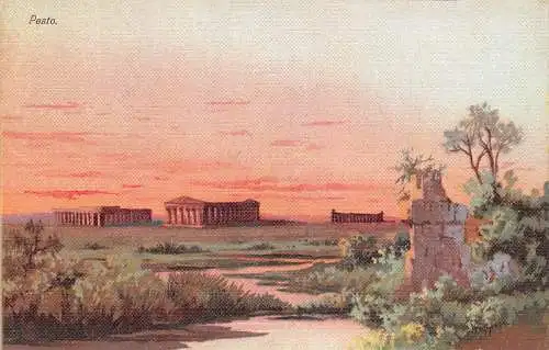 A015 Italien Paestum Pesto Tempel bei Sonnenuntergang Vintage Postkarte