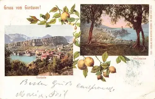 L415 Italien 1900 Gruss vom Gardasee Torbole Malcesine Litho Vintage Postkarte