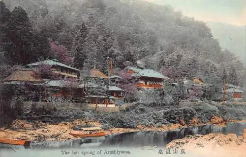 L273 Japan Die heiße Quelle von Arashiyama überdachtes Boot Vintage Postkarte