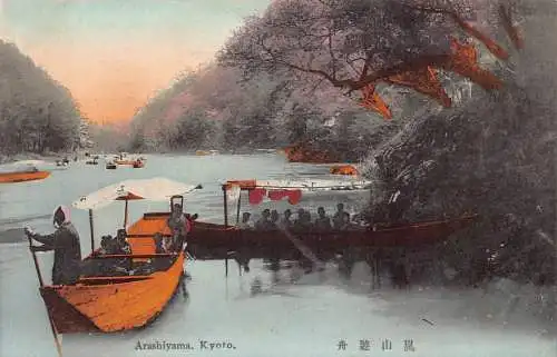 L273 Japan Arashiyama Kyoto Fluss überdachte Boote Vintage Postkarte
