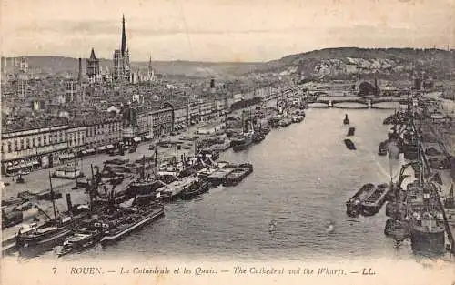 A827 Frankreich Dampfschiffe Rouen Kathedrale und Kais Vintage Postkarte