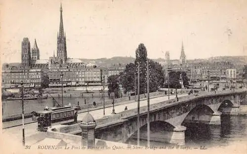 A827 Frankreich Rouen Steinbrücke und Kais Straßenbahn Vintage Postkarte