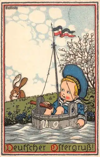 L115 Deutschland 1918 Boot Comic Junge Hase Ostergrüße Postkarte