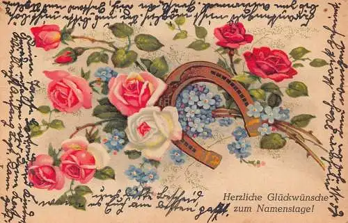 L415 Viel Glück Namenstag Grüße 1952 Rosen Hufeisen Blumen Postkarte