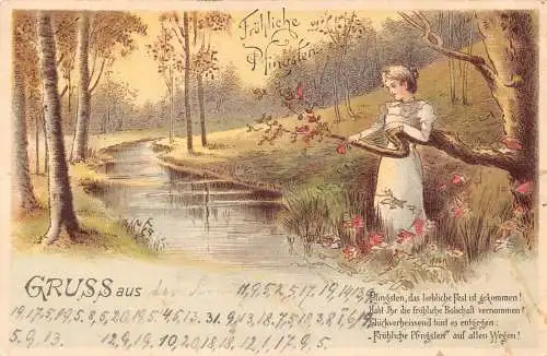 L415 Pfingstgrüße 1900 junge Dame am Fluss Blumen Vintage Postkarte