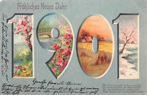 L415 Neujahrsgrüße 1901 große Zahlen Jahreszeiten Vintage Postkarte