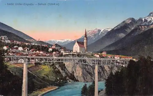 L100 Schweiz Unter Engadin Schulsbrücke Kirche Vintage Postkarte