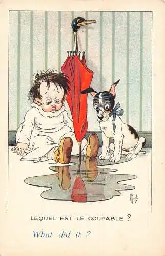 L054 Kleinkind Regenschirm Hund Comic Humor signiert Mich Postkarte