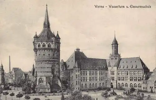 L046 Deutschland Worms Wasserturm und Schule Eleonoren Vintage Postkarte