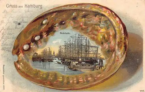 L046 Deutschland 1902 Gruss aus Hamburg Niederhafen Schiffe Litho Vintage Postkarte