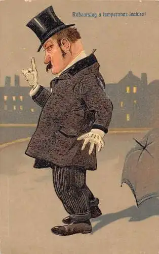 L056 Mann probt eine Mäßigung Vortrag Karikatur Humor geprägt Vintage Postkarte