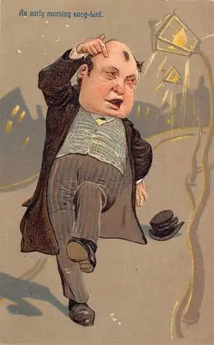 L056 Ein frühmorgendlicher Singvogel 1910 Karikatur Humor geprägte alte Postkarte