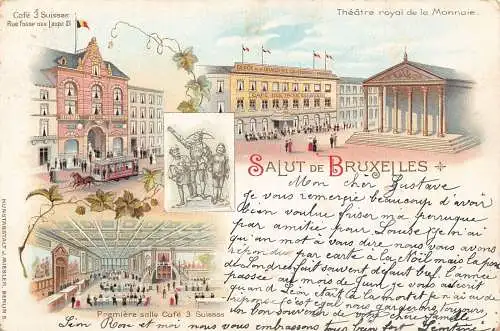 L292 Belgien 1902 Salut de Bruxelles Cafe Litho Vintage Postkarte