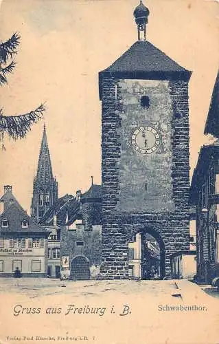 L123 Deutschland Gruss aus Freiburg i B Schwabentor Turmuhr Vintage Postkarte