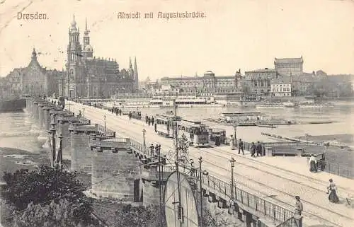 L121 Deutschland 1906 Altstadt Augustusbrücke Straßenbahn Vintage Postkarte