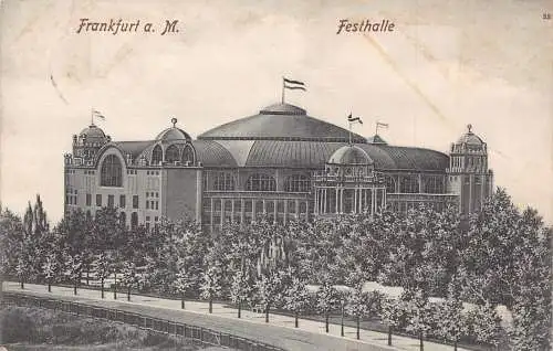 L120 Deutschland 1908 Frankfurt am Main Festhalle Fahnen Vintage Postkarte