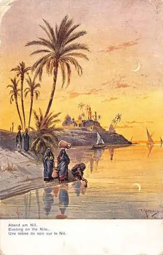 A192 Ägypten 1907 Abend auf dem Nil Frauen pflegen Wasserboote F Perlberg Postkarte