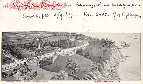 A193 US 1899 Geetings from Milwaukee Lake Park and Drive Vintage Postkarte