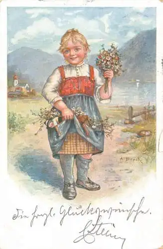 A195 Mädchen 1901 Blumenstrauß Junge Puppe Kunst signiert A Brock Vintage Postkarte