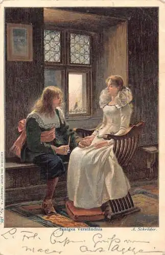 A195 Romantik Liebespaar sprechende Kunst signiert A Schroeder Postkarte