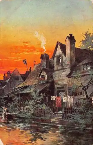 A195 Deutschland 1910 Frau Wäscherei im Flusshaus Sonnenuntergang Vintage Postkarte