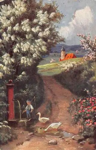 A195 Landschaft 1909 Well Boy Goose Forest Road Vintage Postkarte