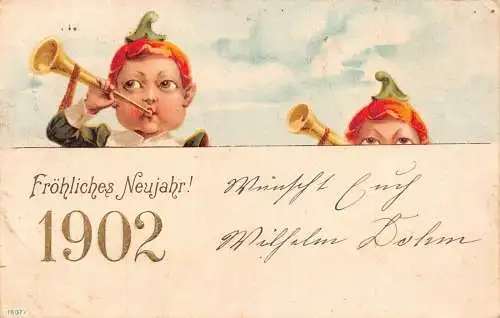 L416 Neujahrsgrüße 1902 Kinder Trompeten Vintage Postkarte