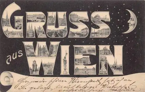 L416 Österreich Gruss aus Wien bei Nacht vermenschlichter Mond Vintage Postkarte
