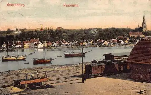 L416 Dänemark Sonderborg Panorama Boote Zug Waggons 1910 Vintage Postkarte