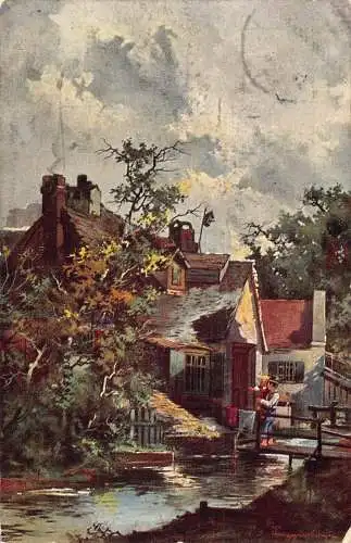 A196 Deutschland 1910 Dorf Szene Häuser Brücke Kinder Fluss Vintage Postkarte