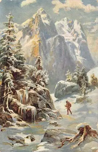 A196 Landschaft Schnee Berge Pinien Klippen Bergsteiger Vintage Postkarte