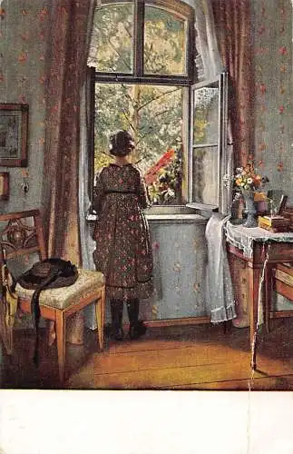 A196 Kunst Sonntagmorgen Mädchen Fenster Blumenvase Hut signiert Herm Graf Postkarte