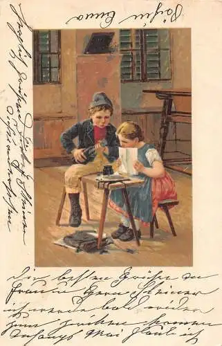 A196 Kunst 1900 Junge verschüttet Tinte Schultisch Kinder Passepartout Vintage Postkarte