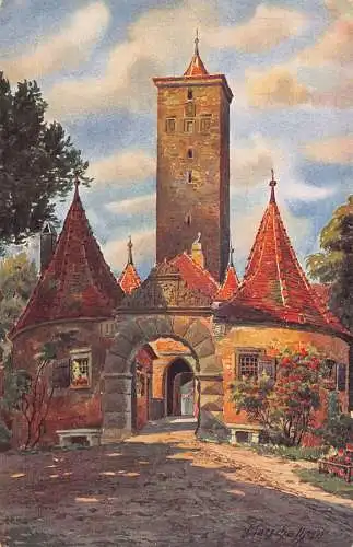 A197 Deutschland Rothenburg ob Tauber Burg Burgtor Eingang Kunst Vintage Postkarte