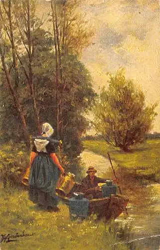 A197 Bauernboot Wasserkannen Kunst signiert Gerstenhauer 1909 Postkarte
