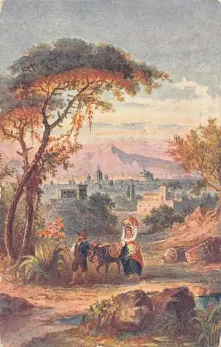 A197 Kunst 1908 Landschaft Berg Stadt Sonnenuntergang Esel Paar Straße Postkarte