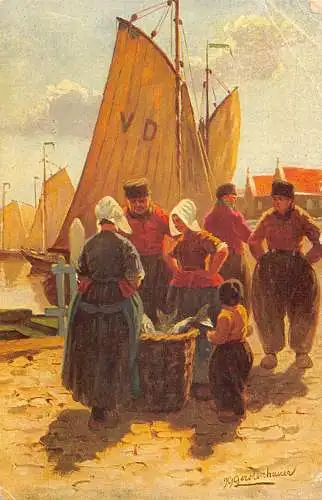 A197 Kunst 1908 Fischhandel im Hafen Bauern Segelboote Postkarte