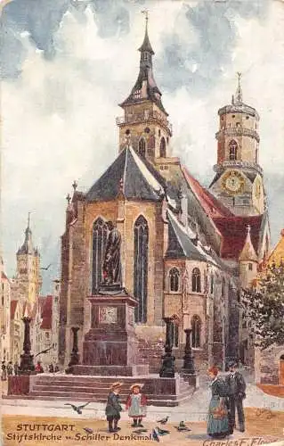 A198 Deutschland Stuttgart Stiftskirche Kirche Schiller Denkmal Kinder Postkarte