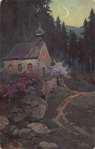 A198 Deutschland Frühling im Schwarzwald Kunst signiert Pater Reiss Haus Mondschein Postkarte