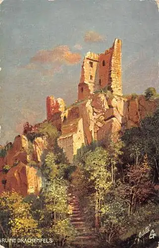 A198 Deutschland Burgruine Drachenfels Künstlerkarte Vintage Postkarte