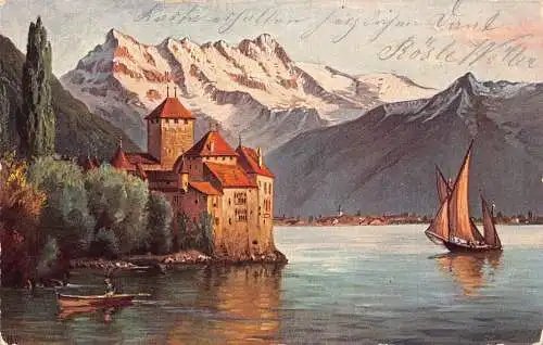 A199 Schweiz Schloss Chillon Segelboot Berge Kunst Vintage Postkarte