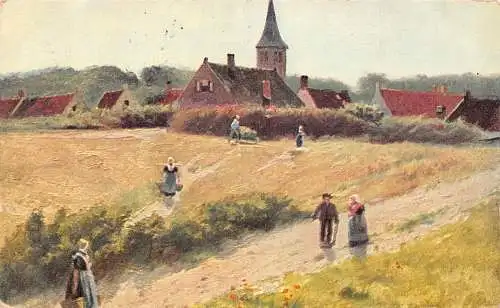 A199 Dorfkirche Bauern arbeiten auf Feldkunst Vintage Postkarte