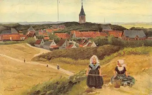 A199 Ethnische Bauernmädchen 1908 in traditionellen Kostümen Arbeitskunst Postkarte