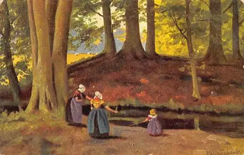 A199 Mädchen Kind spielt im Wald mit Stock Mutter Fluss Kunst 1908 Postkarte