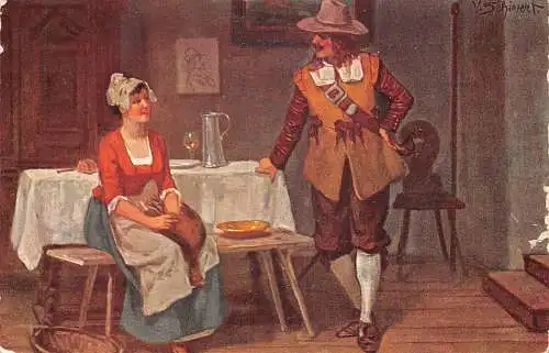 A199 Kunst signiert V Schivert Mann flirtet Chicken Inn Pub Vintage Postkarte