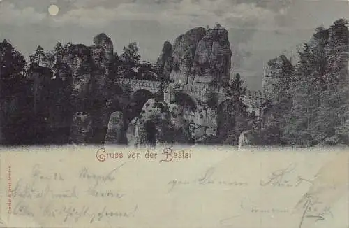 A200 Deutschland 1897 Gruss aus Bastai Moonlight Bridge Cliffs Vintage Postkarte