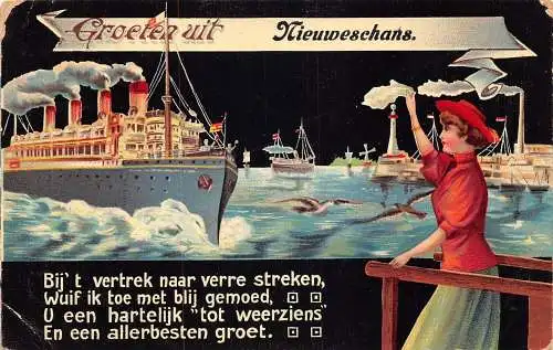 A201 Niederlande Groeten uit Nieuweschans Dampfschiff Abfahrt Frau Postkarte