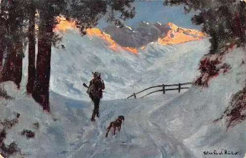 A202 Jagd 1909 Jäger und Hund Riffel Schneeberg signierte Kunst Postkarte