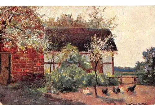 A203 Kunst blühende Bäume Hühner Bauernhaus Vintage Postkarte